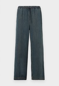 Mørkeblå denimbukser med elastisk midjebånd og snøring. Bred bendesign med ferdige kanter og en jevn, strukturert overflate.