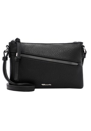 Zwarte leren crossbodytas met diagonale ritssluiting, verstelbare band en klein zilverkleurig logo aan de voorkant.