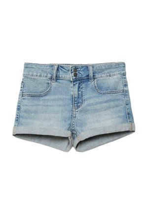 Světle modré džínové šortky s ohrnutými lemy, dvojím zapínáním na knoflíky, předními kapsami a poutky na pásek.