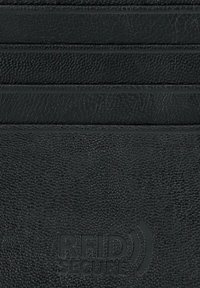 Czarny skórzany portfel o teksturowanej powierzchni, z wieloma slotami na karty oraz detalem „RFID Secure” wytłoczonym na dole.