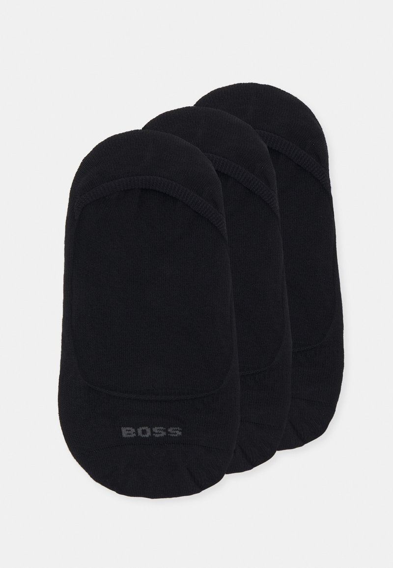 Trīs melnu potīšu zeķu pāri ar gludu faktūru, elastīgu joslu ap atveri un izsmalcinātu zīmolu uz zolēm.