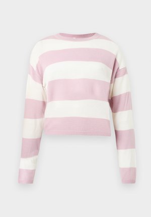 Light pink and white striped cropped sweater, knitted texture, round neckline, long sleeves, with horizontal stripes of equal width.