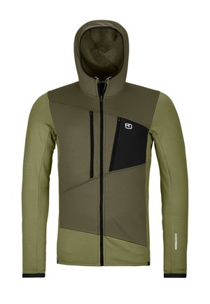 Hooded jacket in olive green with a textured pattern. Features a black zippered pocket and contrasting fabric panels. Zipper front closure.