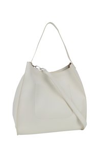 Borsa a spalla in pelle bianca con design curvo, manico superiore singolo e tracolla regolabile; presenta cuciture e chiusura con zip.