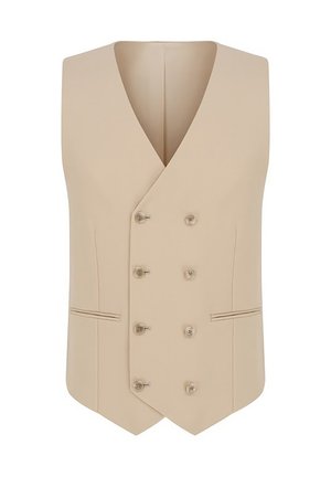 Beżowa, dwurzędowa kamizelka bez rękawów z sześcioma guzikami i dwoma przednimi kieszeniami z otworami, zaprojektowana do formalnego noszenia.