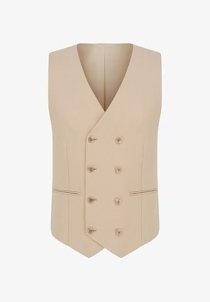 Beżowa, dwurzędowa kamizelka bez rękawów z sześcioma guzikami i dwoma przednimi kieszeniami z otworami, zaprojektowana do formalnego noszenia.