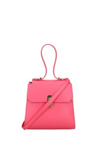 Roze nepleren handtas met bovenhandgreep en verstelbare schouderband. Beschikt over een voorklep en een gouden sluiting. Rectangulaire vorm.