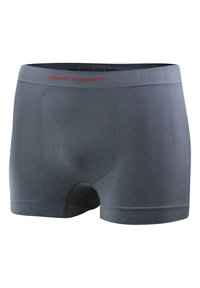 Boxer grigi in morbido tessuto, con design aderente, vita elasticizzata con logo "Vincent Creation" in rosso e tasca sagomata.