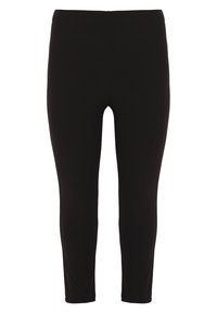 Schwarze Leggings aus dehnbarem Stoff mit glatter Textur, ausgestattet mit einem hohen Bund und einem knöchellangen Design. Keine sichtbaren Nähte.