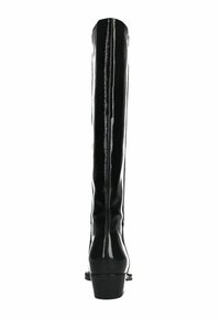 Black over-the-knee boots with a glossy patent leather finish, featuring a curved heel and a slim, tall design with a rear seam detail.