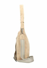 Sac en suède beige à bandoulière avec une finition texturée, doté d'une large sangle en toile, de quincaillerie en argent et d'un design simple et pratique.
