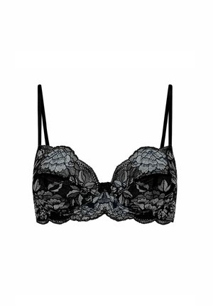 Soutien-gorge en dentelle noire avec des motifs floraux, support avec armatures et bretelles réglables. Présente un bord festonné pour un détail supplémentaire.