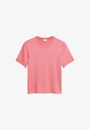 T-shirt met korte mouwen, ronde hals, effen roze katoen met een rechte zoom, weergegeven op een witte achtergrond.