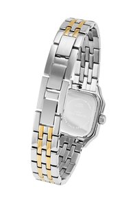 Montre en acier inoxydable avec des accents argentés et dorés, boîtier rectangulaire et bracelet en maillons. Présente une finition polie et un dos gravé.