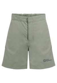 Light green shorts made of lightweight fabric with a smooth texture. Features an elastic waistband and a Jack Wolfskin logo on the lower left.