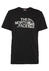 Černé bavlněné tričko s bílým logem "THE NORTH FACE", v jehož písmu je složitý vzor, a s kulatým výstřihem.