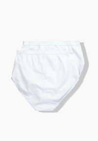 Two plain white men's cotton briefs with elastic waistbands stacked on a white background.