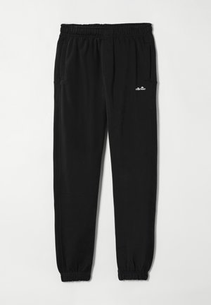 Svarte casual joggebukser med elastisk midjebånd og mansjetter, to sidelommer, og liten hvit ellesse-logo på øvre venstre lår.