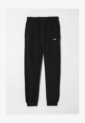 Melnas ikdienas sporta bikses ar elastīgu jostu un manžetēm, divām sānu kabatām un mazu baltu ellesse logotipu augšējā kreisajā augšstilbā.