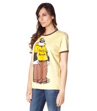 Yellow cotton t-shirt with short sleeves, brown accent at the collar, featuring a cartoon character in a yellow hoodie with text "Party Animal."
