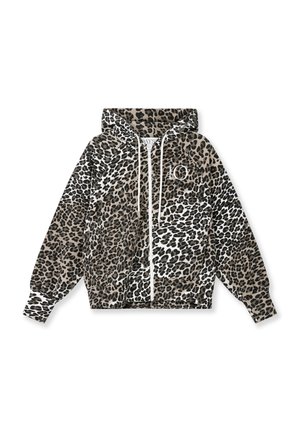 Hoodie met luipaardprint, voorzien van een capuchon, witte trekkoorden en een voorrits. Kleurenpalette bevat beige, zwart en wit. Heeft een logo op de borst.