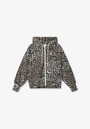 Sudadera con capucha de estampado de leopardo, capucha, cordones blancos y cremallera frontal. La paleta de colores incluye beige, negro y blanco. Presenta un logo en el pecho.