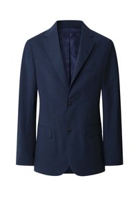 Navyblazer aus strukturiertem Stoff mit schlanker Passform, verfügt über zwei Fronttaschen und einen Ein-Knopf-Verschluss. Innenfutter in einfarbigem Navy.
