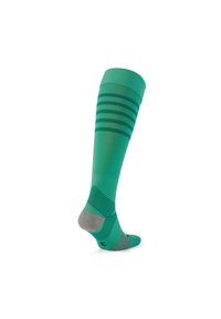 Kniehohe grüne Socken mit horizontalen Streifen, strukturiertem Fußbett und grauem Fersenabschnitt; aus einem dehnbaren Stoff für einen festen Sitz gefertigt.