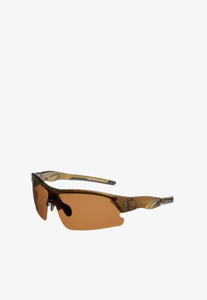 Gafas de sol deportivas con una montura de color marrón oscuro y lentes tintadas. Diseño delgado con forma alargada, que incluye un ventilador lateral y un logo en las patillas.