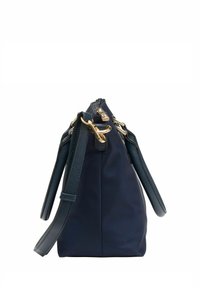 Borsa a mano in nylon blu navy con hardware dorato, chiusura con zip e doppi manici. Caratterizzata da una forma strutturata e una tracolla rimovibile.