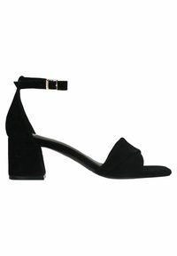 Black suede block-heeled sandal with an adjustable ankle strap, open toe, and a triangular front design for secure fit and comfort.