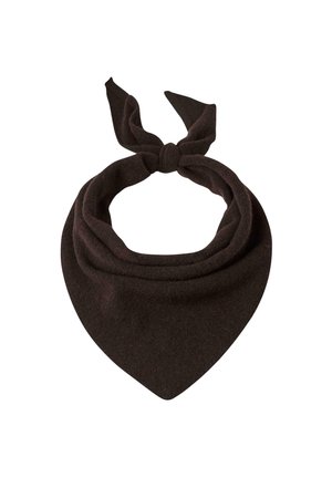 Ciemnobrązowy trójkątny szal z polaru z węzłem zawiązanym na górze, zaprojektowany do owijania wokół szyi w celu zapewnienia ciepła i stylu.