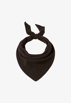 Donkerbruine, driehoekige fleeceduffel met een knoop bovenaan, ontworpen om om de nek te wikkelen voor warmte en stijl.