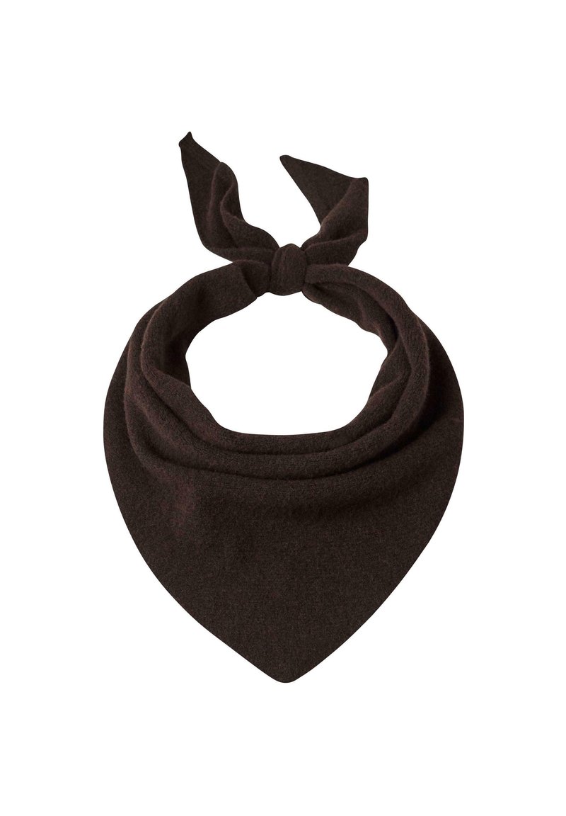 Mørkebrunt trekantet fleecehalstørklæde med en knude bundet på toppen, designet til at vikles rundt om halsen for varme og stil.