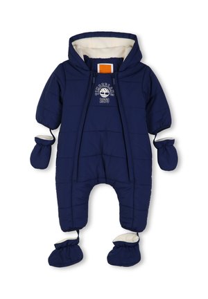 Donkerblauw gevoerde babysneeuwpak met capuchon, aangehechte wanten en slofjes, en Timberland 1973-logo op de borst.