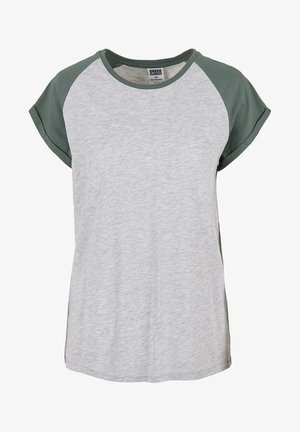 T-shirt grigio a maniche corte con design raglan verde. Tessuto morbido, scollo rotondo e maniche arrotolate. Vestibilità casual con spacchetti laterali.