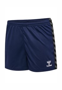 Marinblå träningsshorts tillverkade av ett mjukt, lätt material. Har ett svartvitt randmönster längs sidan och en logotyp.