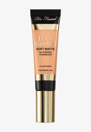 Tube de fond de teint matifiant et contrôle de l'huile Too Faced Born This Way avec tenue 24 heures et acide hyaluronique en teinte beige.