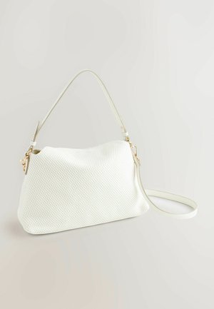 White textured handbag with a structured shape, adjustable shoulder strap, and gold hardware accents. Designed with a woven pattern on the surface.