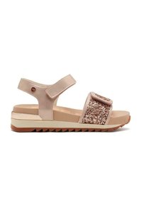 Sandalo beige con una fascia glitterata testurizzata, chiusura in velcro regolabile, soletta imbottita e suola bianca e beige a contrasto.