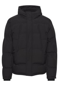 Black puffer jacket with a high collar, front zip closure, side pockets, and ribbed cuffs. Smooth texture with quilted sections.