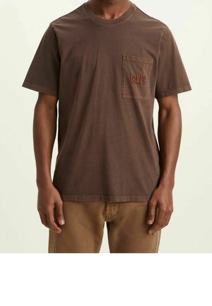 Brown cotton t-shirt with a crew neck, short sleeves, and a patch pocket featuring embossed Levi's logo on the left chest. Casual fit.