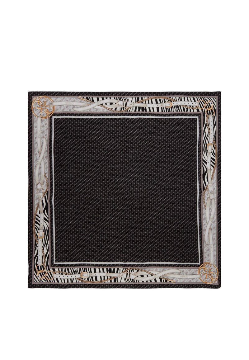 Sottopiatto in tessuto nero con bordi bianco e oro, caratterizzato da motivi a zebra e design intricati. Texture liscia con un contorno dettagliato.
