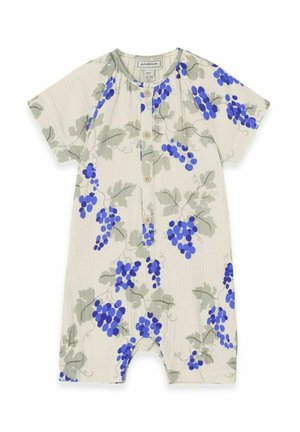 Blomstret romper i let stof med en beige baggrund, blå druer og grå blade, knaplukning, korte ærmer og benåbninger.
