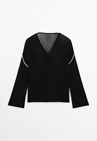 Pull en maille noir avec manches longues, décolleté en V et bordure blanche le long des manches et de l'ourlet, posé à plat sur un fond blanc.
