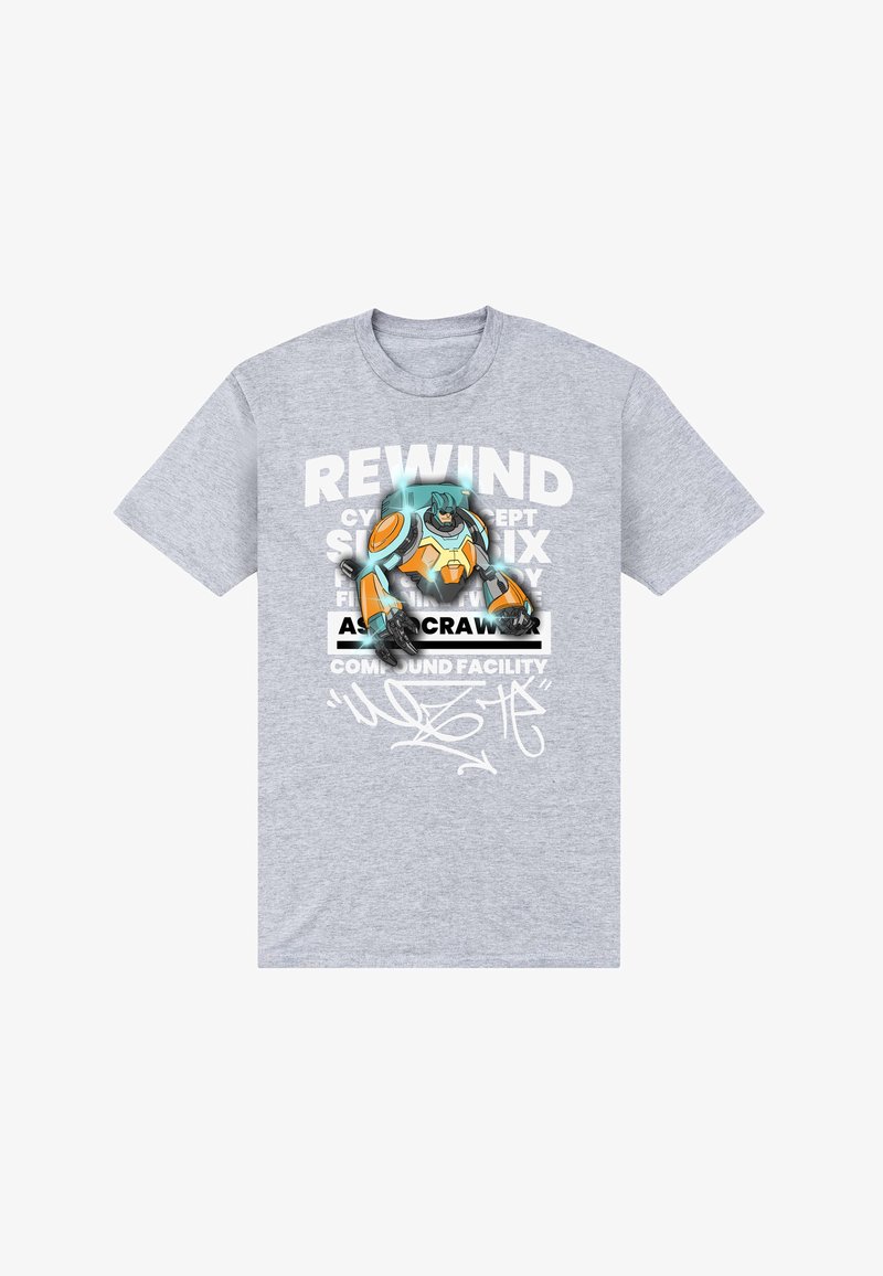 Grå T-shirt med et futuristisk grafik af en orange og teal robot over hvid tekst og graffiti-inspirerede accenter centreret på forsiden.