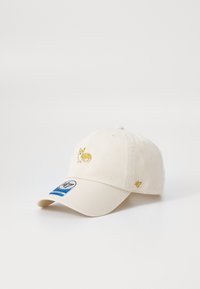 Krém színű baseball sapka pamutból készült. Az el�ülső részén egy sárga hímzett corgi található, a karimán pedig egy kék és fehér logós matrica díszíti.