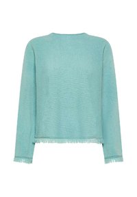 Maglione verde chiaro a maniche lunghe con finitura testurizzata e dettagli in frange all'orlo e ai polsi. Vestibilità rilassata, scollatura rotonda.