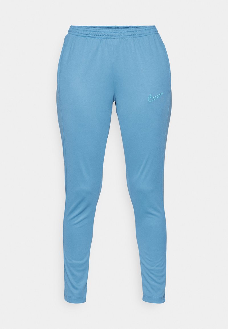 Hellblaue, dehnbare Sporthose mit einem elastischen Bund und einem kleinen, kontrastierenden Nike-Logo am linken Oberschenkel.