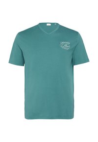 Teal katoenen t-shirt met een v-hals en korte mouwen; heeft een wit logo op de borst, een zachte textuur en een casual pasvorm.